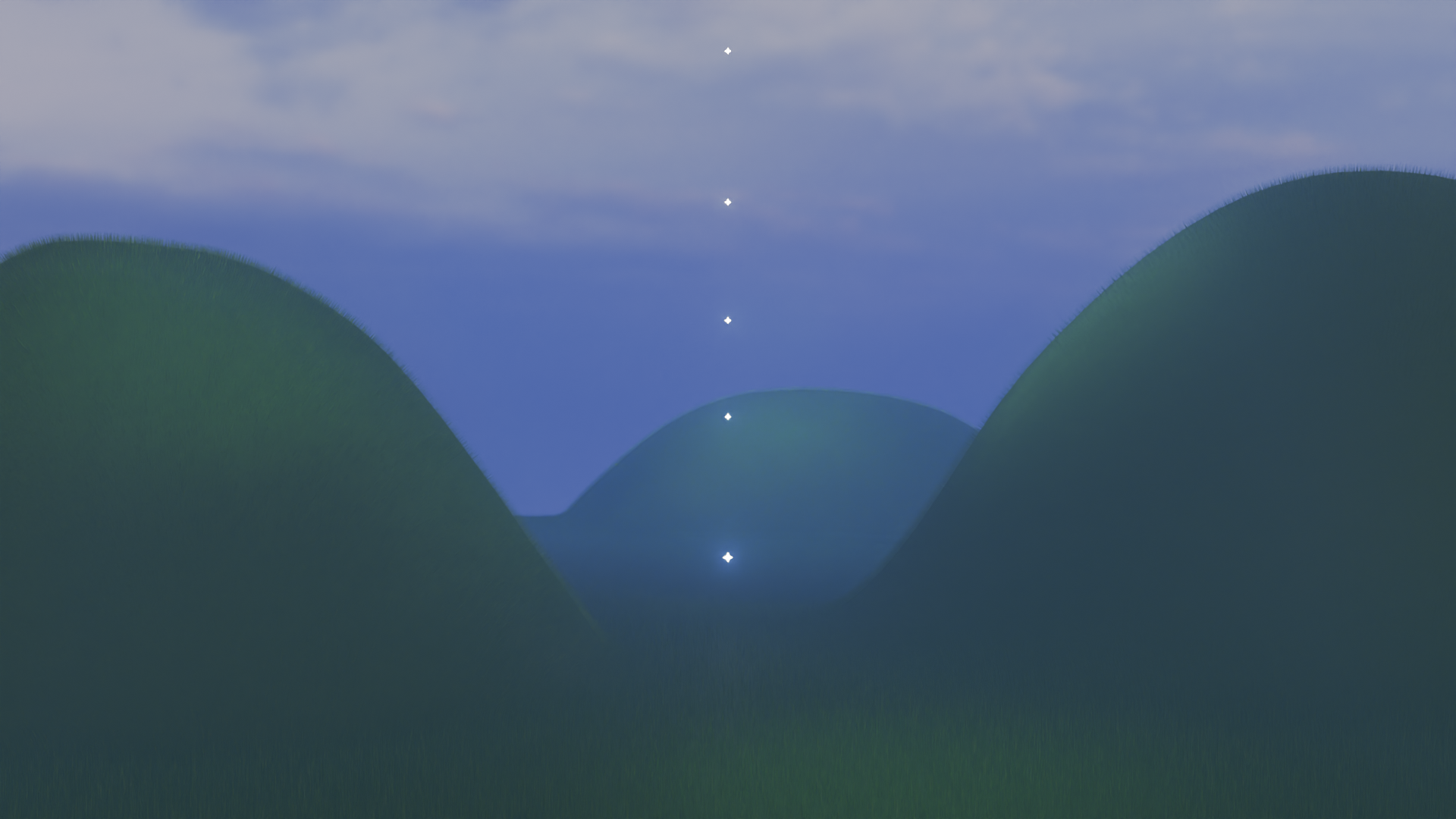 soft green hills at dusk with a line of small stars dropping into the valley